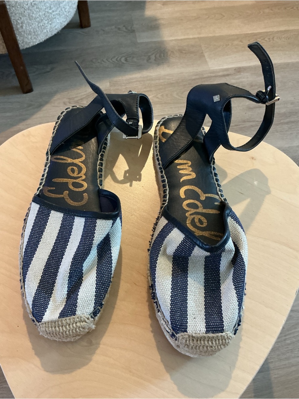 Sam Edelman Navy & White Striped Espadrille Ankle-Strap Flats